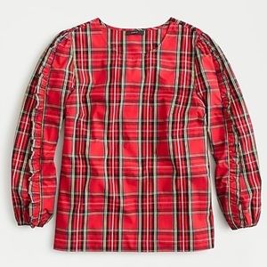 J crew button shoulder plaid puff sleeve top